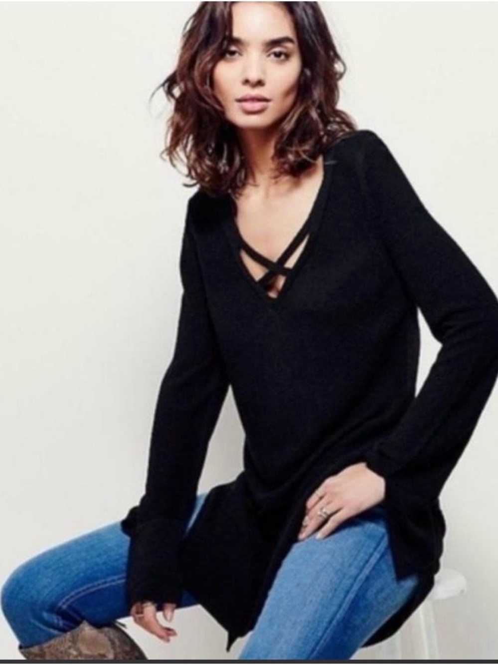 #195- Free People Criss Cross Tunic Black Knit Sweater